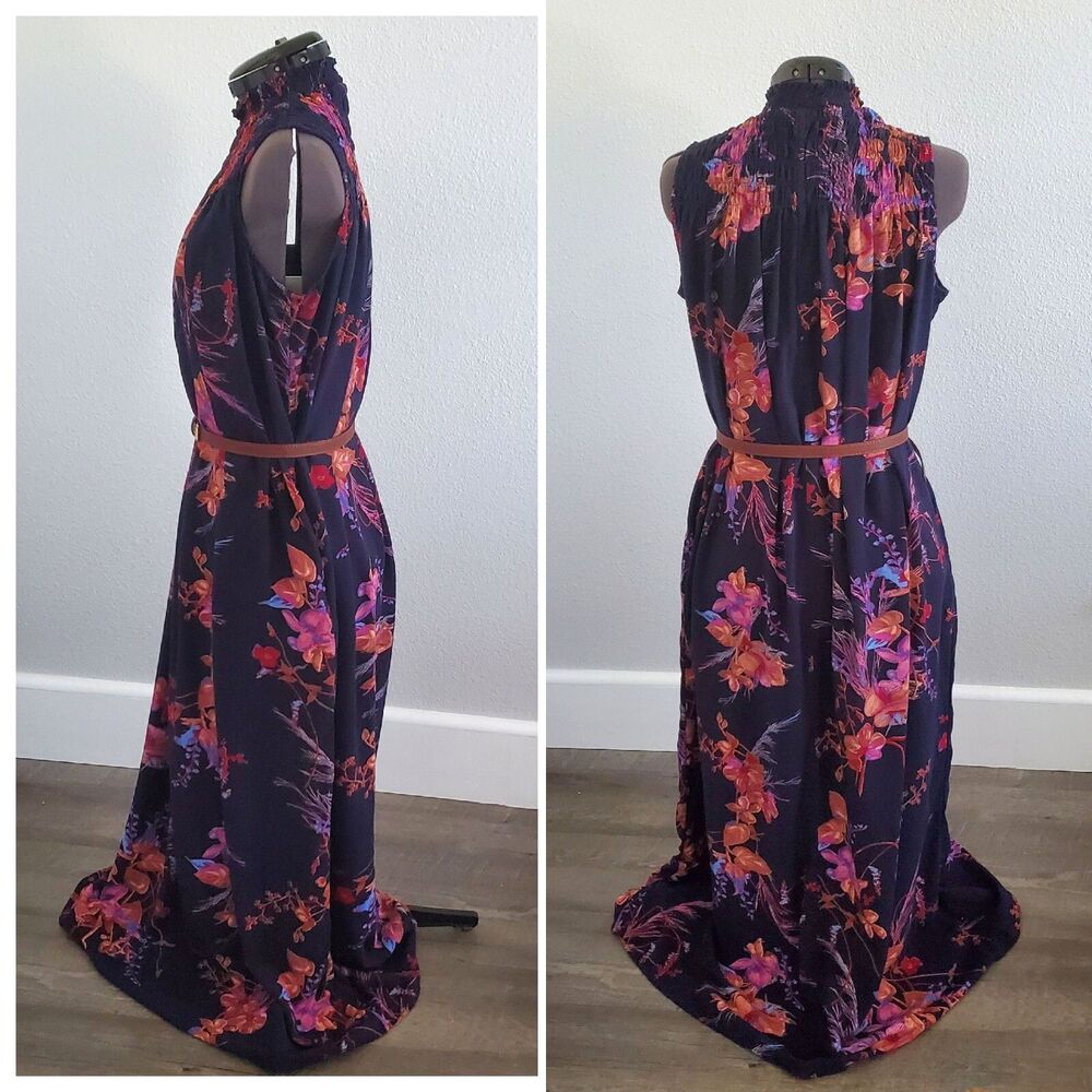 A New Day Women's Maxi Dress Size Small Floral Smocked Pockets Flowy Sleeveless